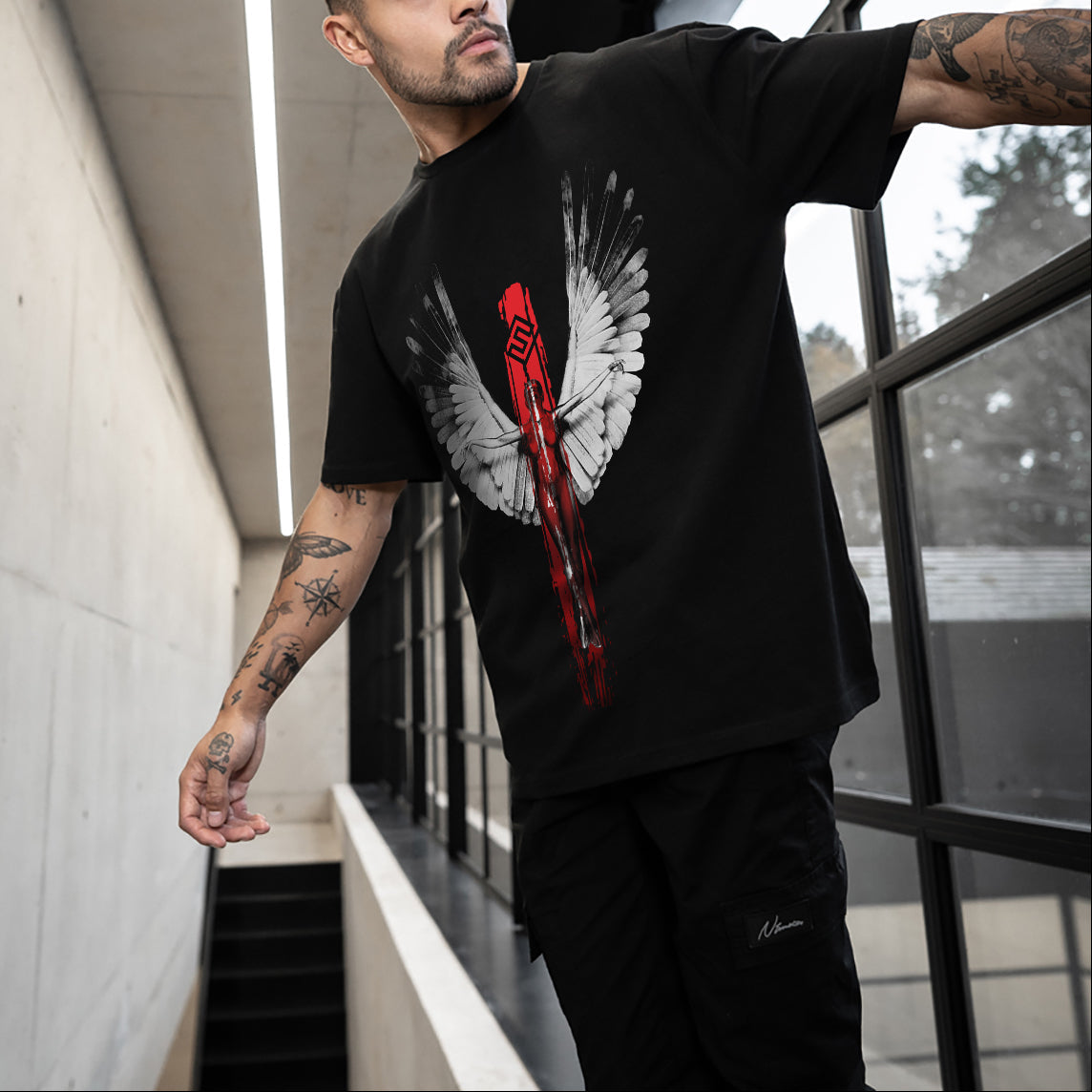 FesFas fallen angel-print T-shirt | Black