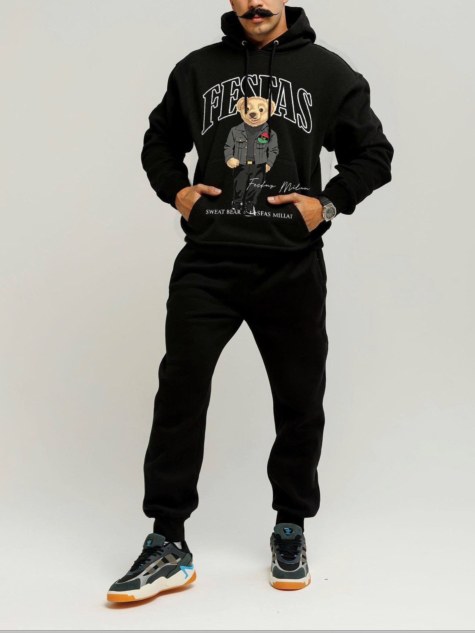FesFas Bear-print Hoodie Set | Black