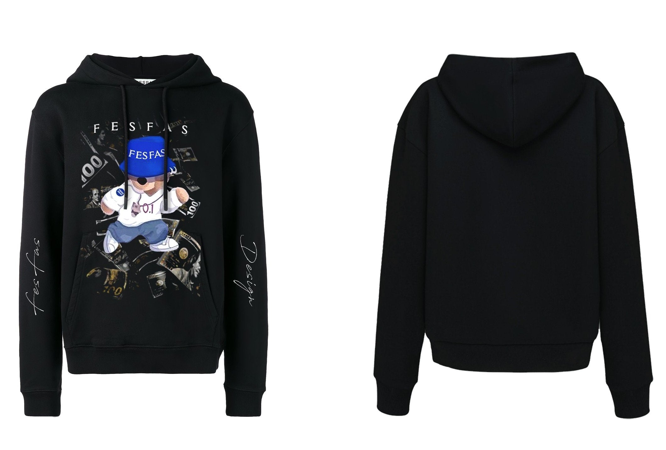 FesFas Hiphop Bear-print Hoodie | Black