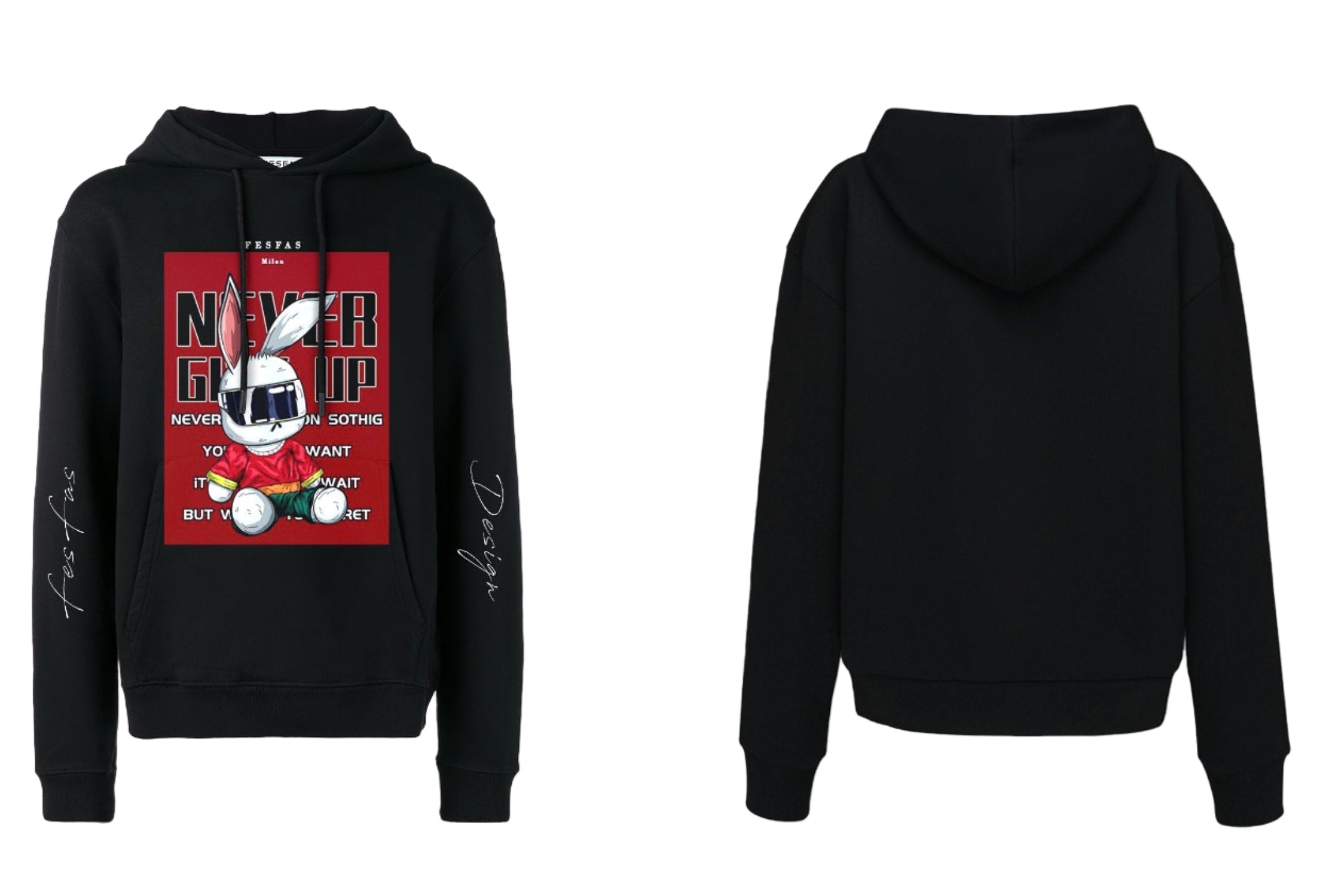 FesFas Never Give Up-print Hoodie | Black