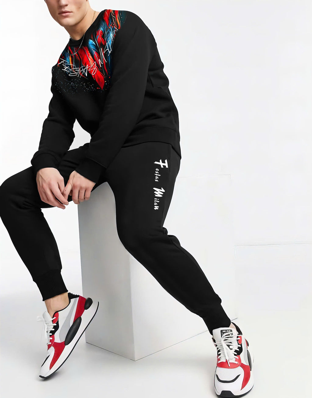 FesFas Feathers-print Sweatshirt Set | Black
