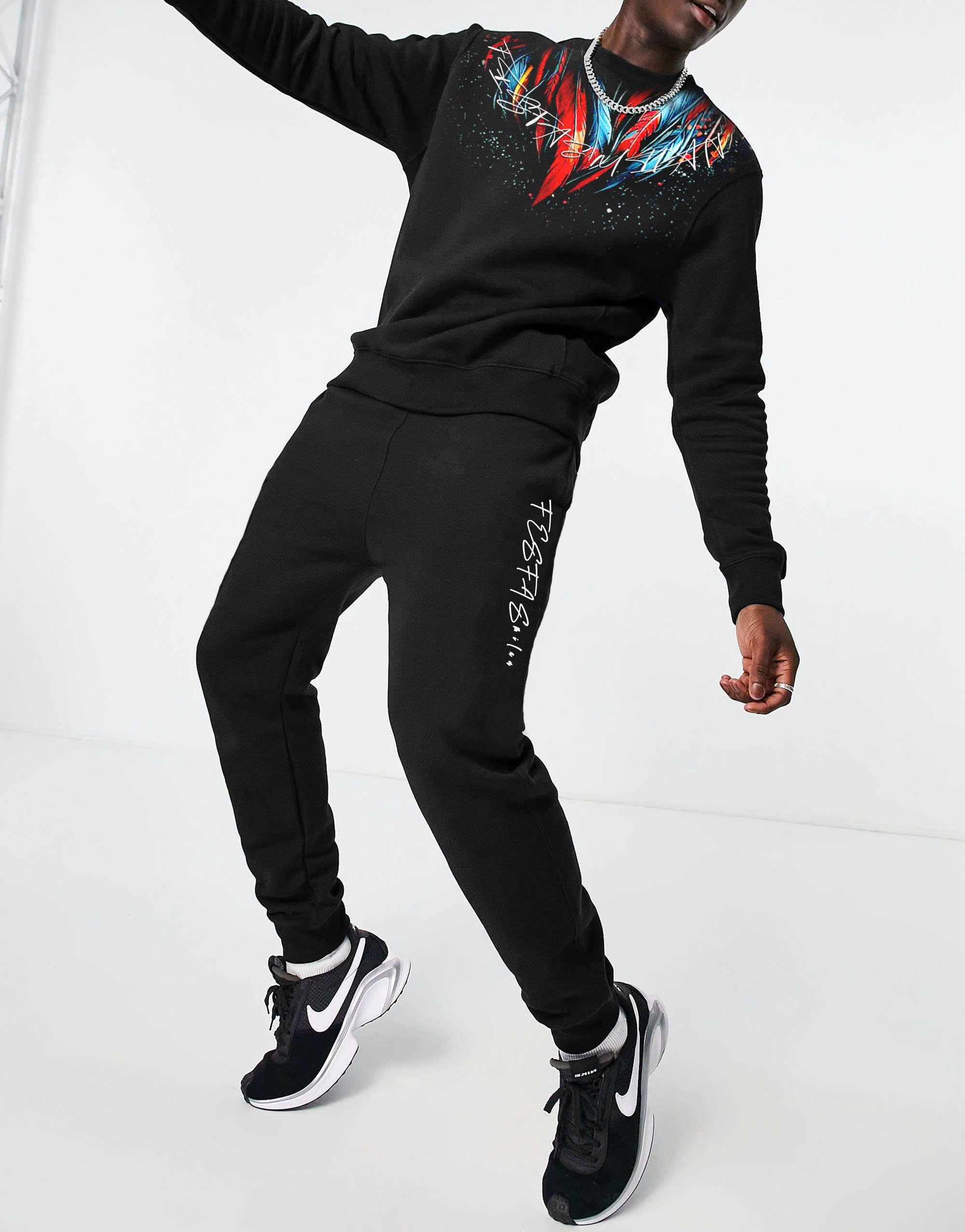 FesFas Feathers-print Sweatshirt Set | Black
