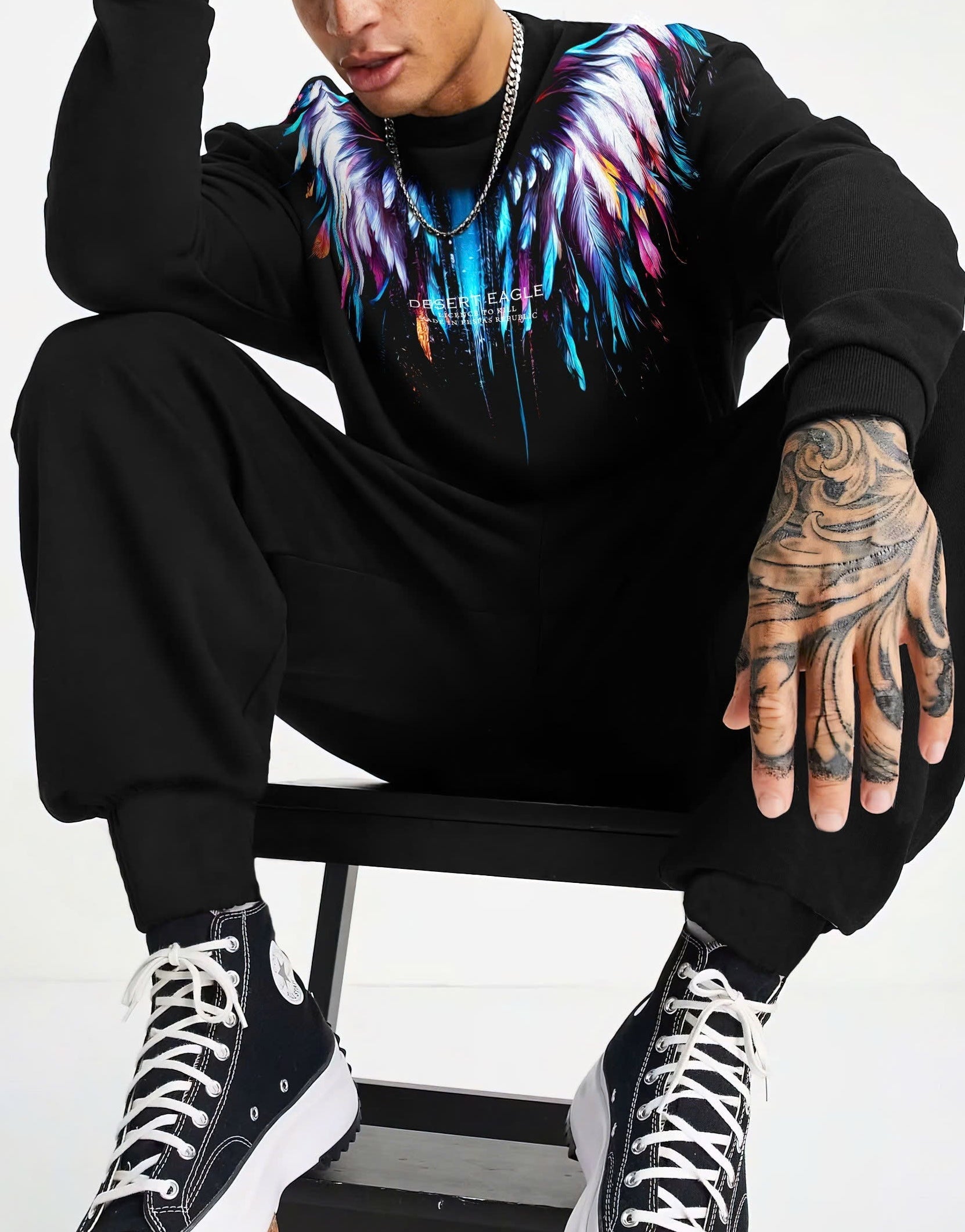 FesFas Feathers-print Sweatshirt Set | Black