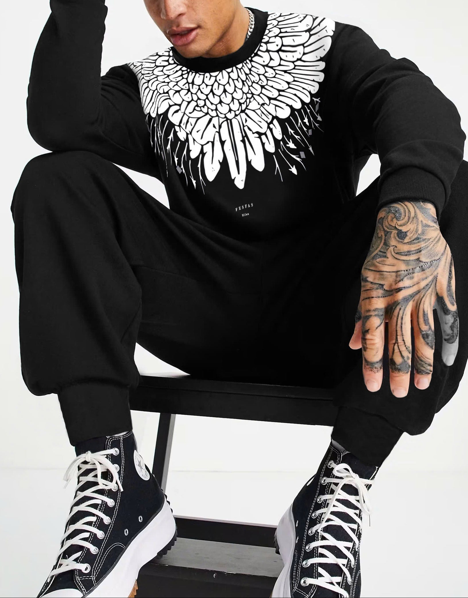 FesFas Feathers-print Sweatshirt Set | Black