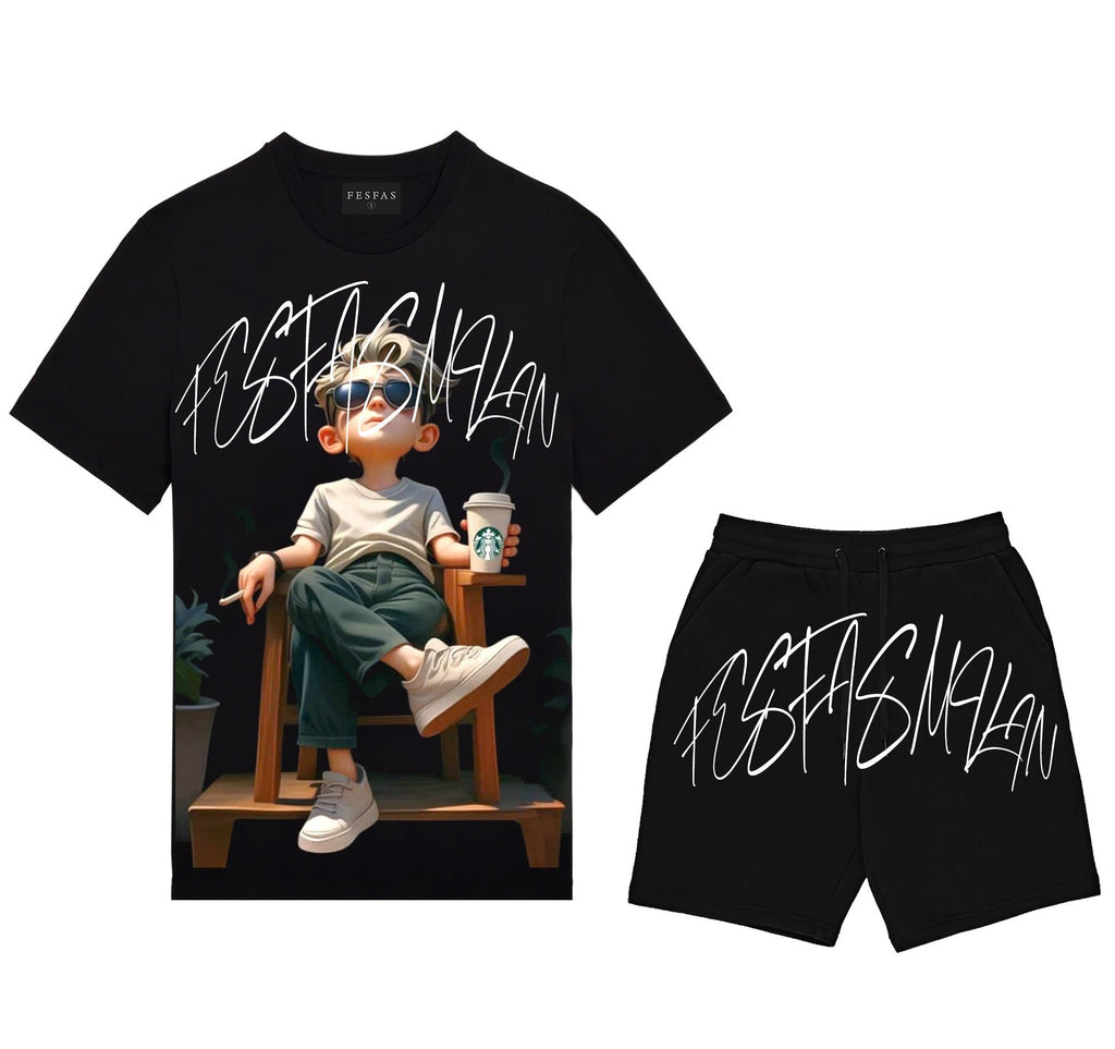FesFas chill guy-print T-shirt Set | Black