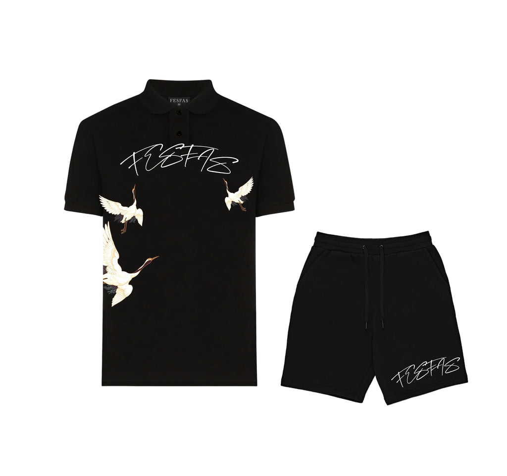 FesFas Crane-print Polo Shirt | Black