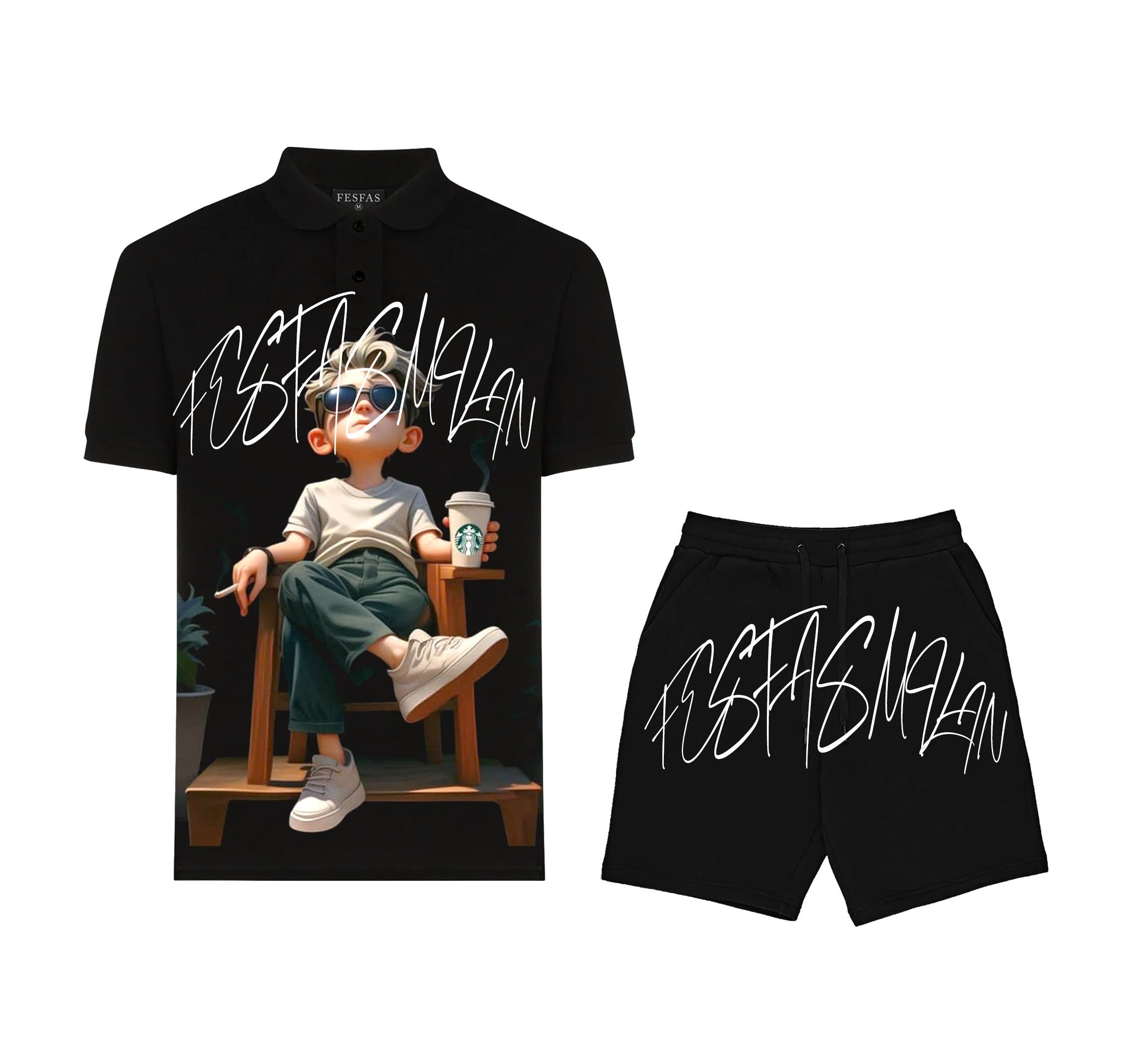 FesFas Relaxed Boy-print Polo Shirt | Black