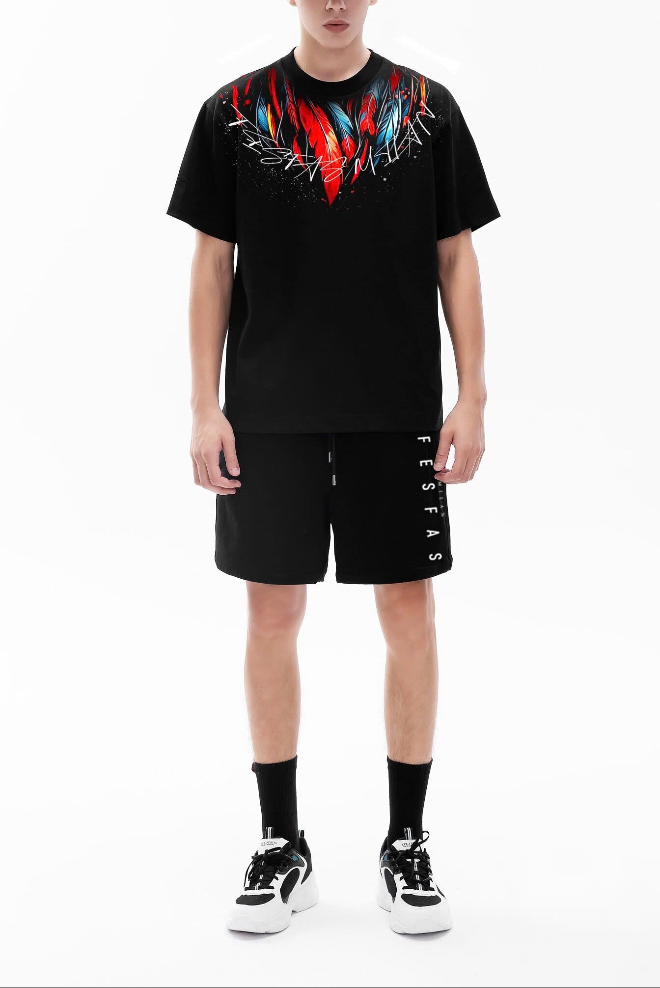 FesFas red feathers-print T-shirt | Black