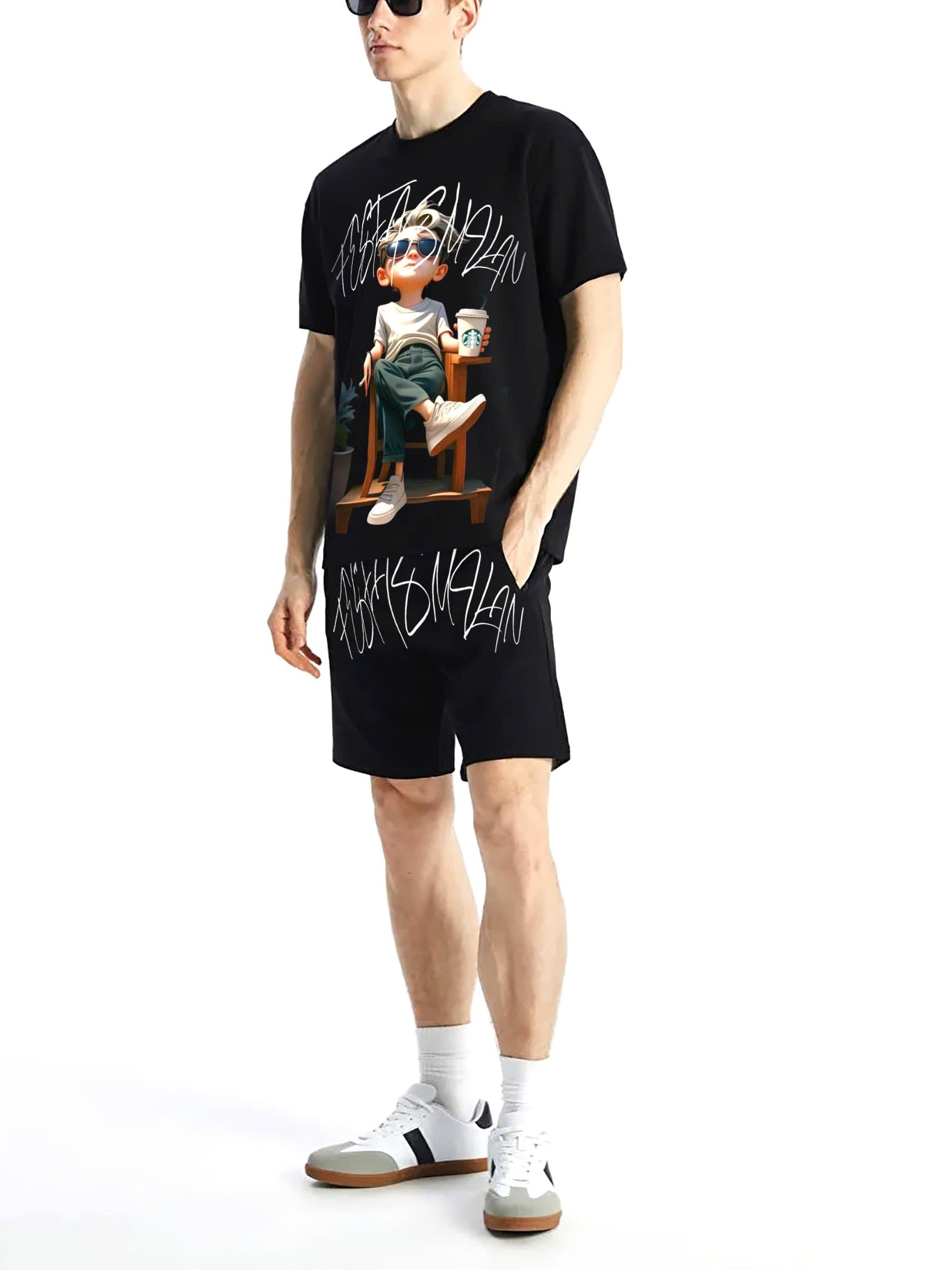 FesFas chill guy-print T-shirt Set | Black