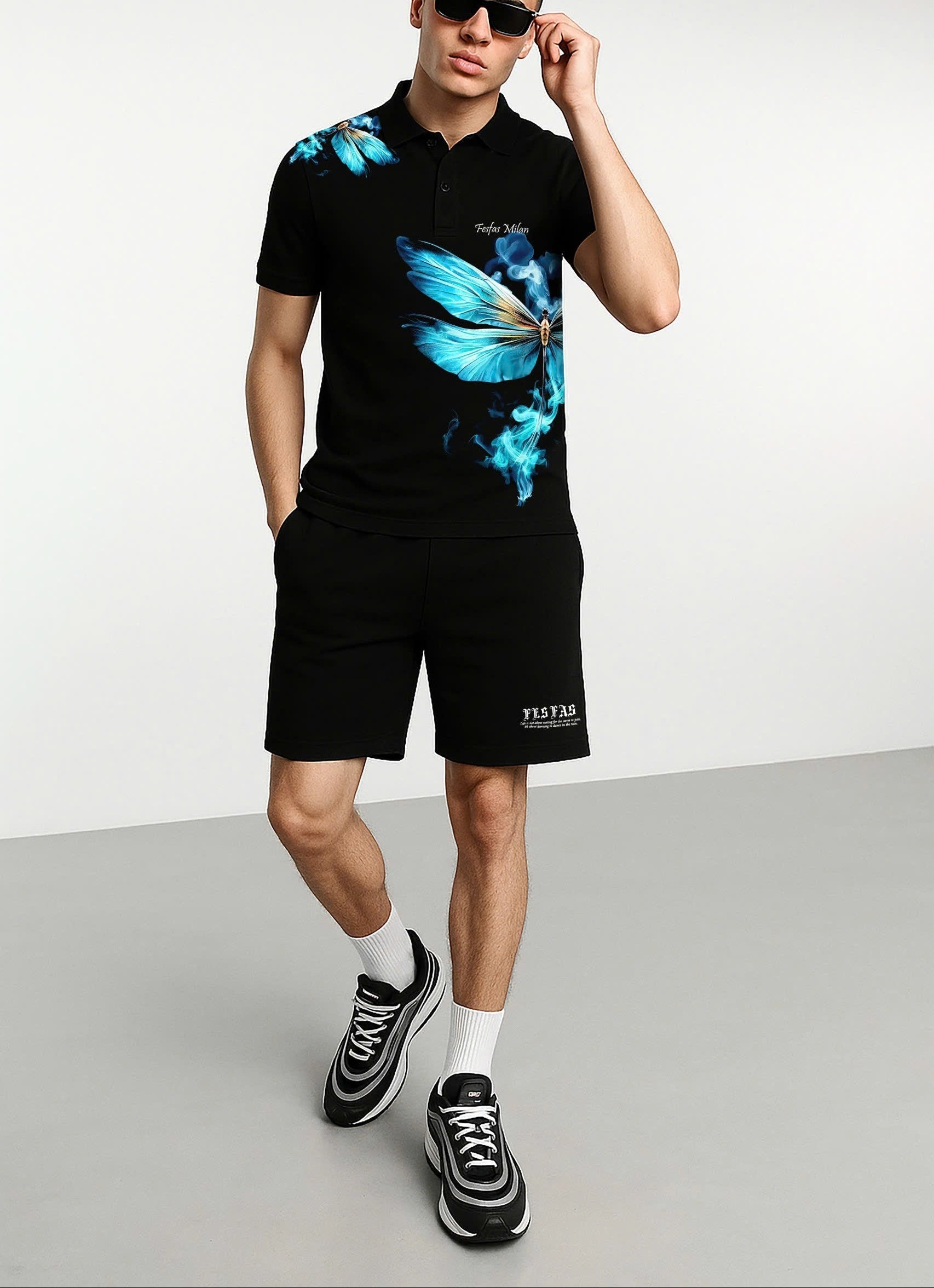 FesFas blue dragonfly-print Polo Set | Black