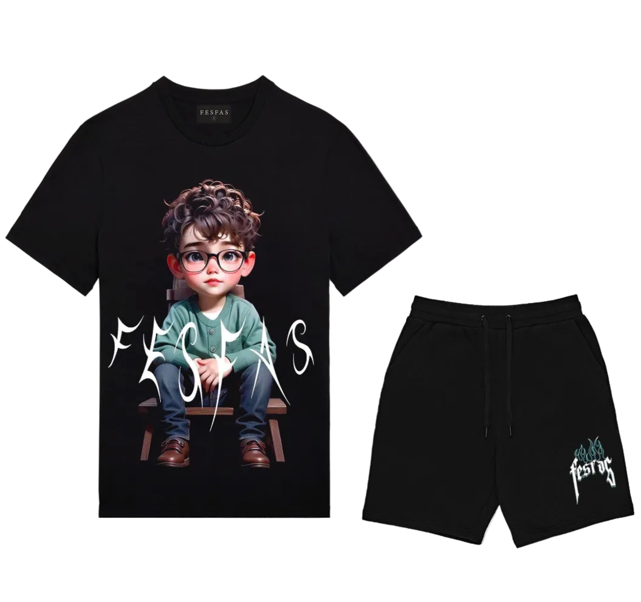 FesFas cute boy-print T-shirt Set | Black