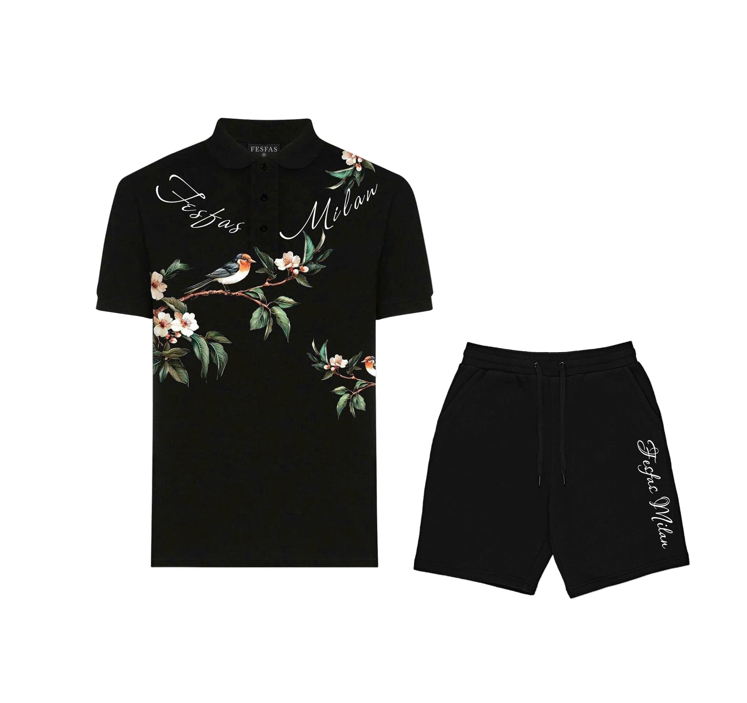 FesFas Floral Bird-print Polo Shirt | Black