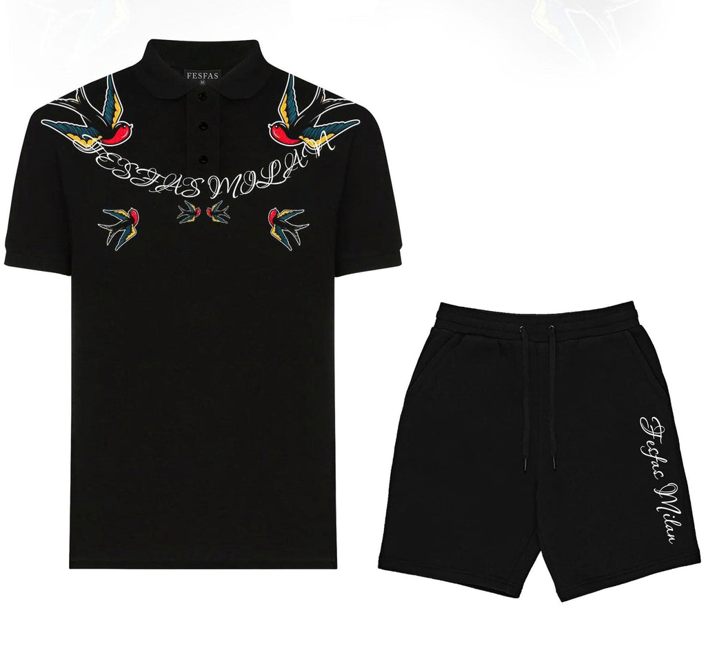 FesFas Swallow-print Polo Shirt | Black