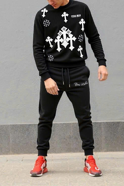 FesFas Cross-print Sweatshirt Set | Black