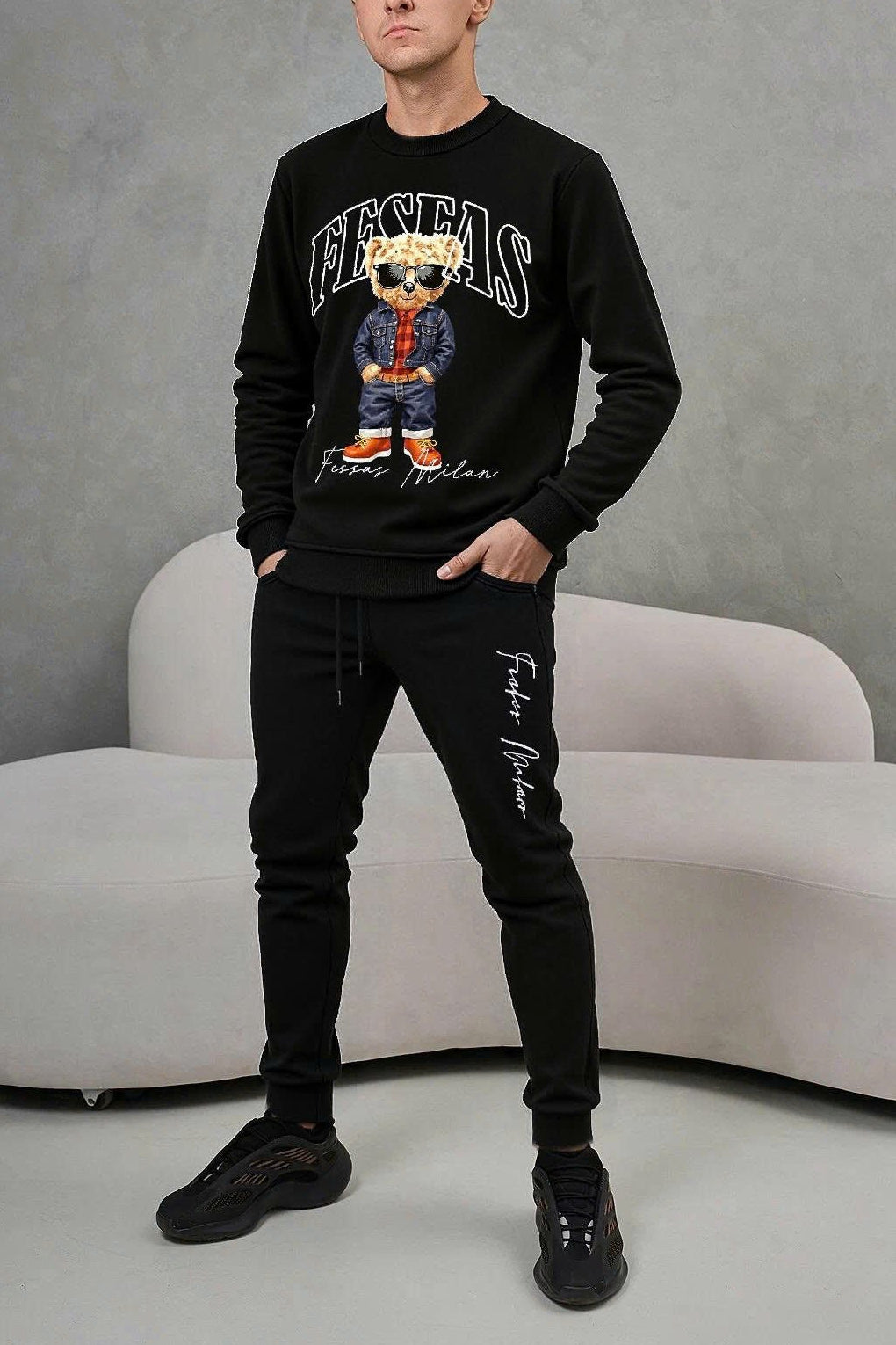 FesFas Bear-print Sweatshirt Set | Black