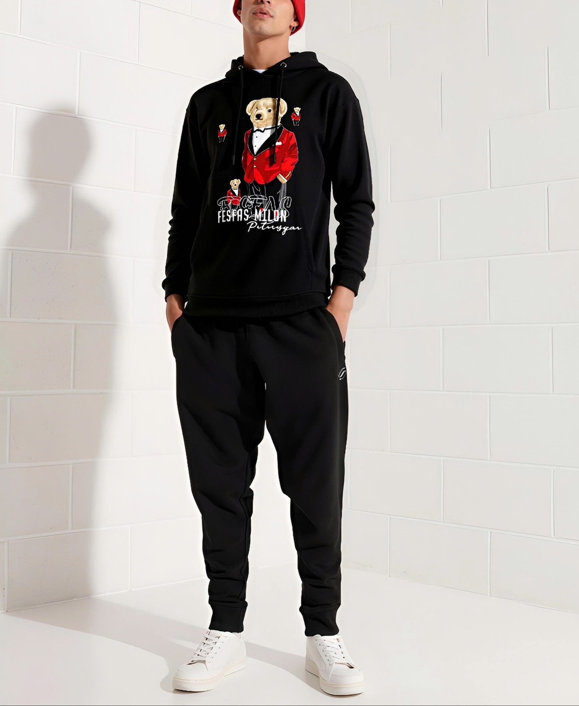 FesFas Bear-print Hoodie Set | Black
