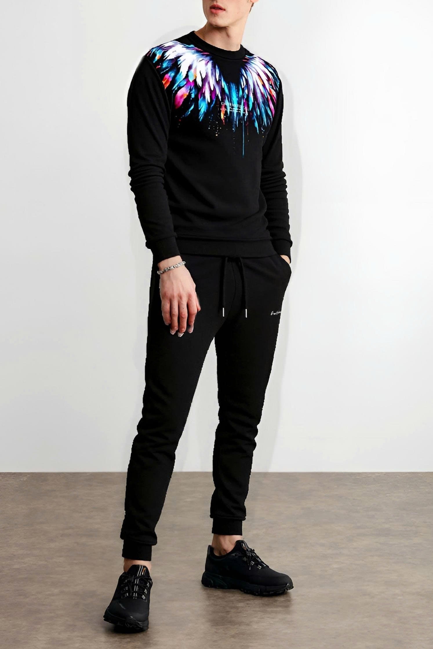 FesFas Feathers-print Sweatshirt Set | Black