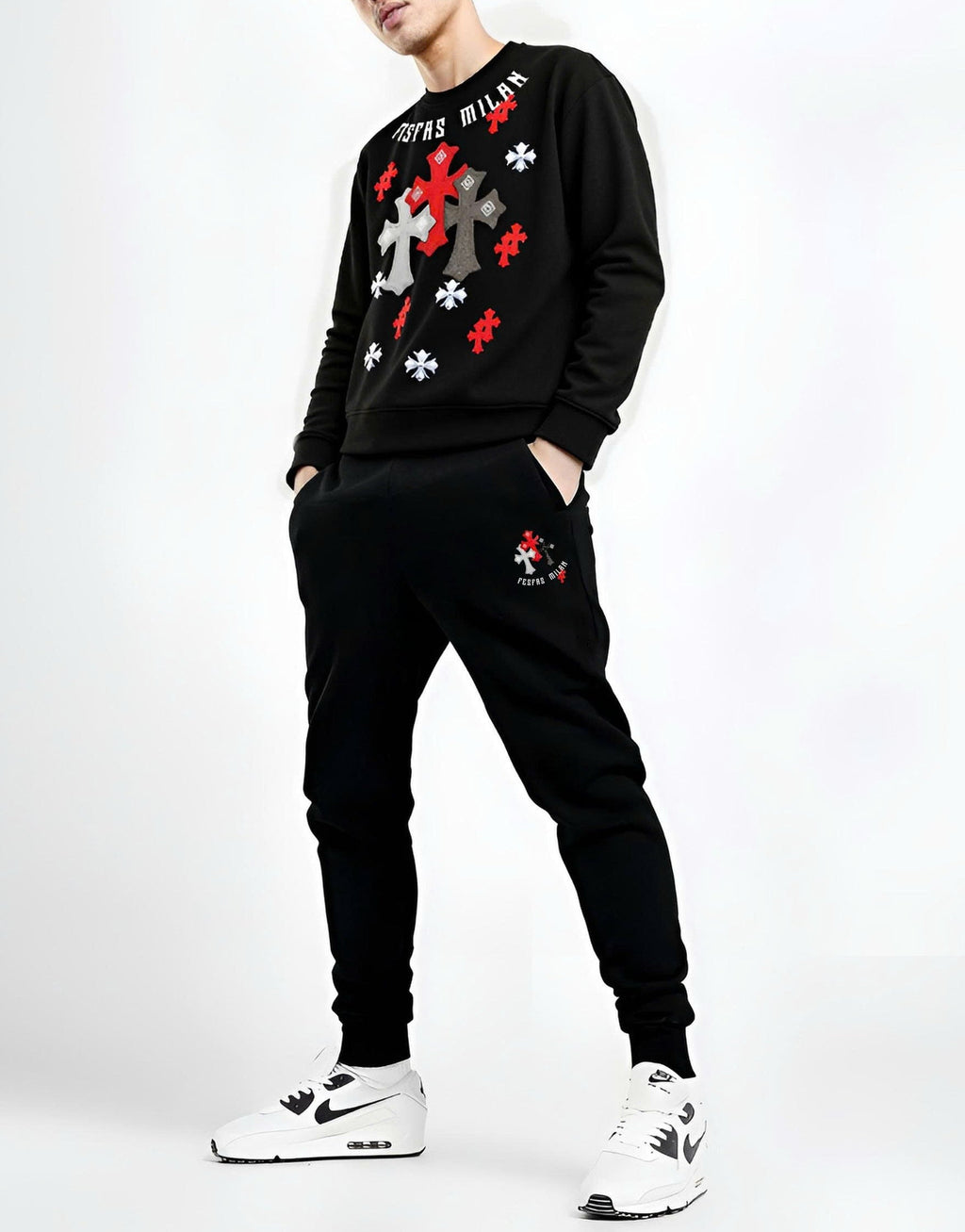 FesFas Cross-print Sweatshirt Set | Black