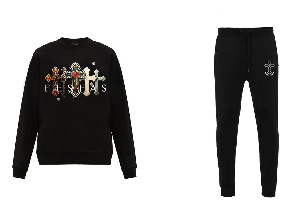 FesFas Cross-print Sweatshirt Set | Black