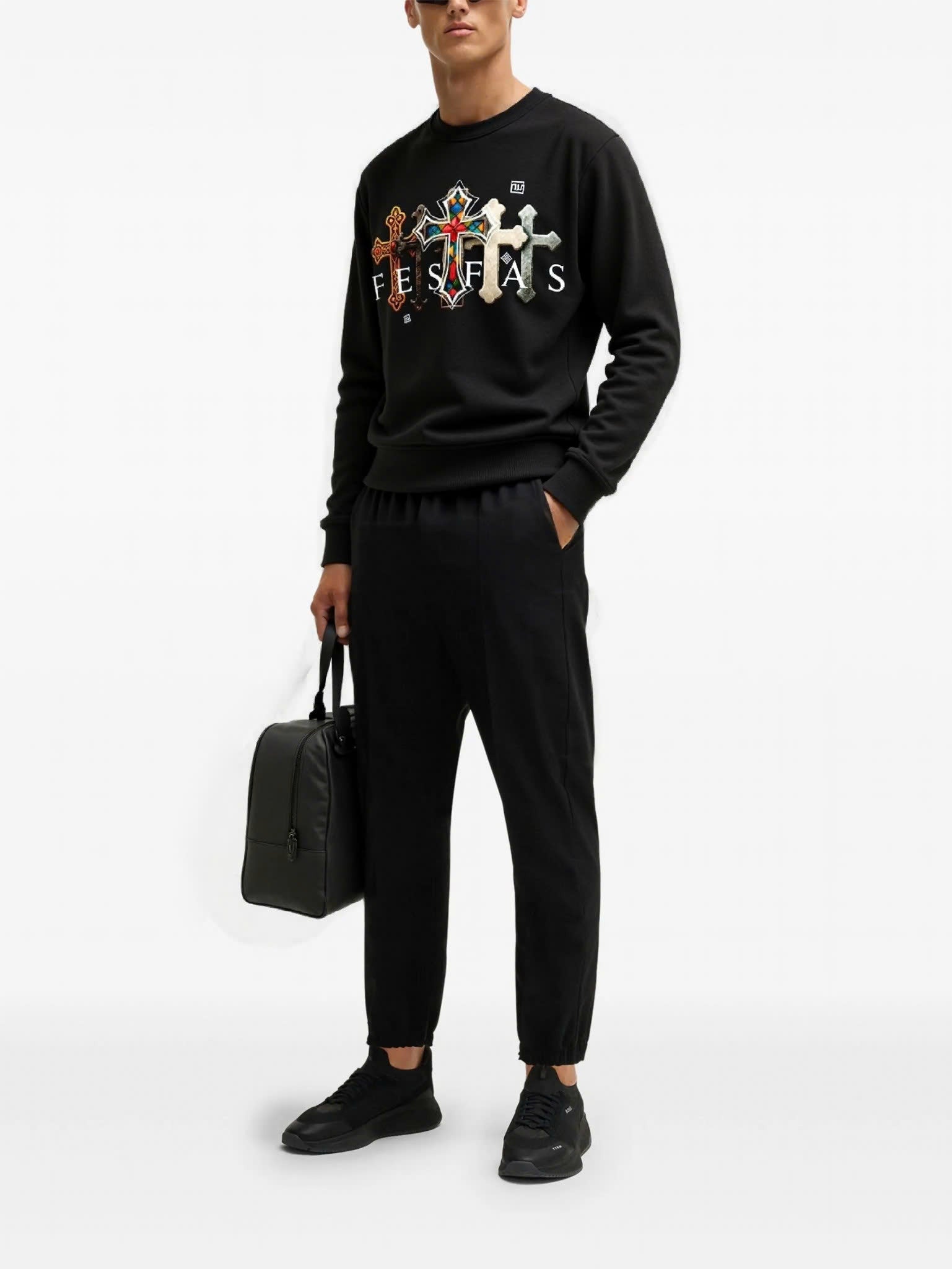 FesFas Cross-print Sweatshirt Set | Black