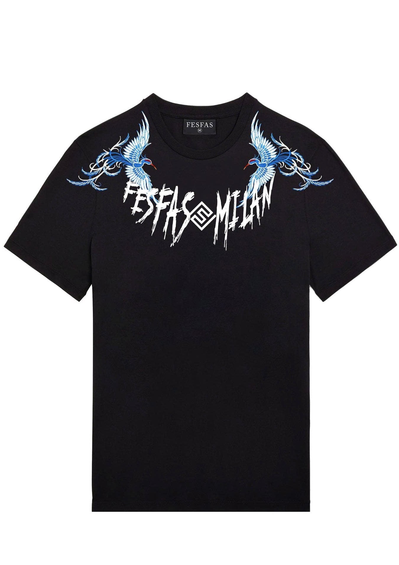 FesFas blue phoenix-print T-shirt | Black