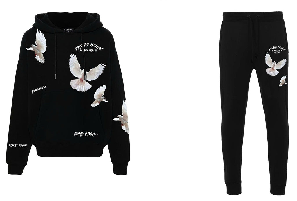 FesFas pigeons-print Hoodie Set | Black