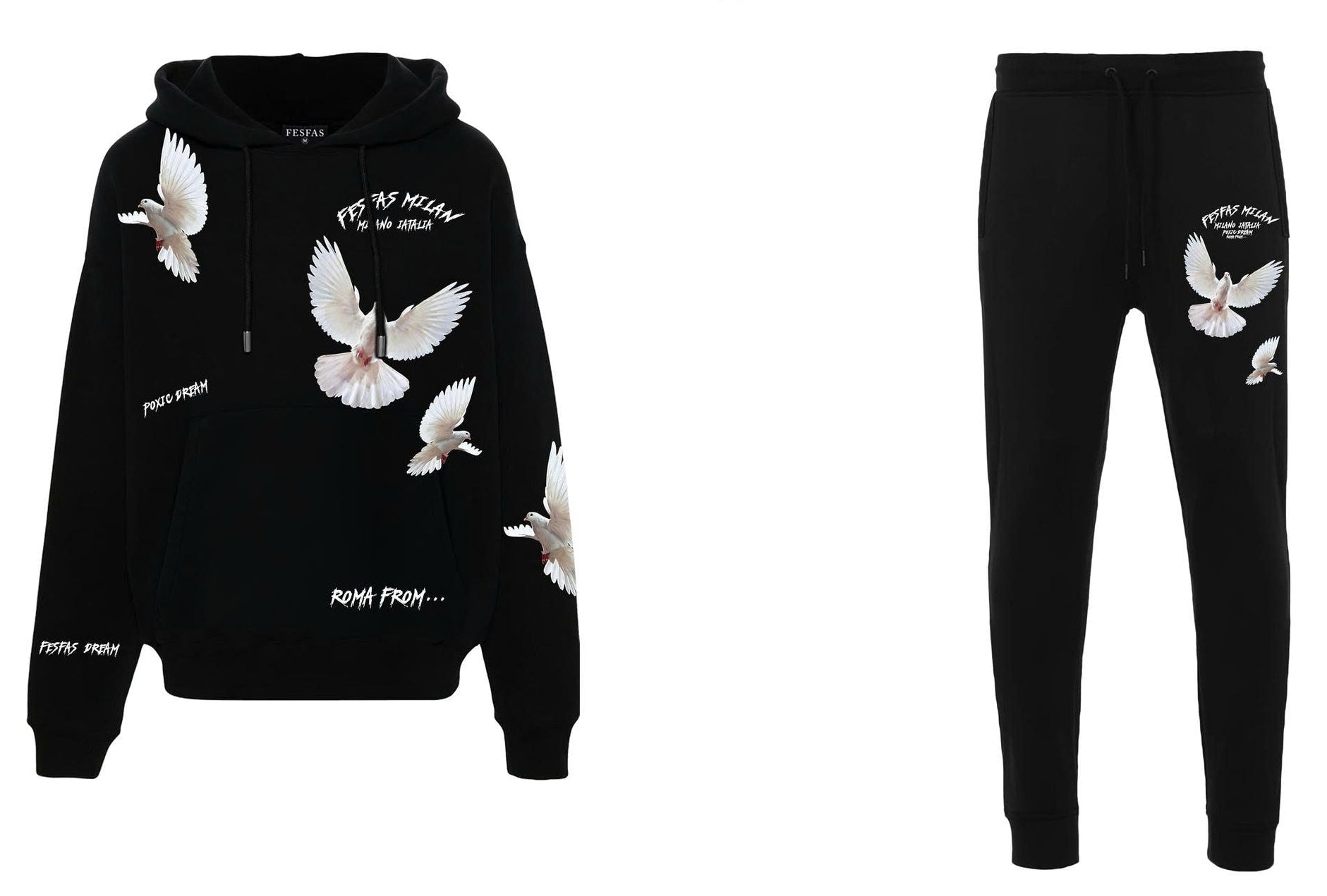 FesFas pigeons-print Hoodie Set | Black
