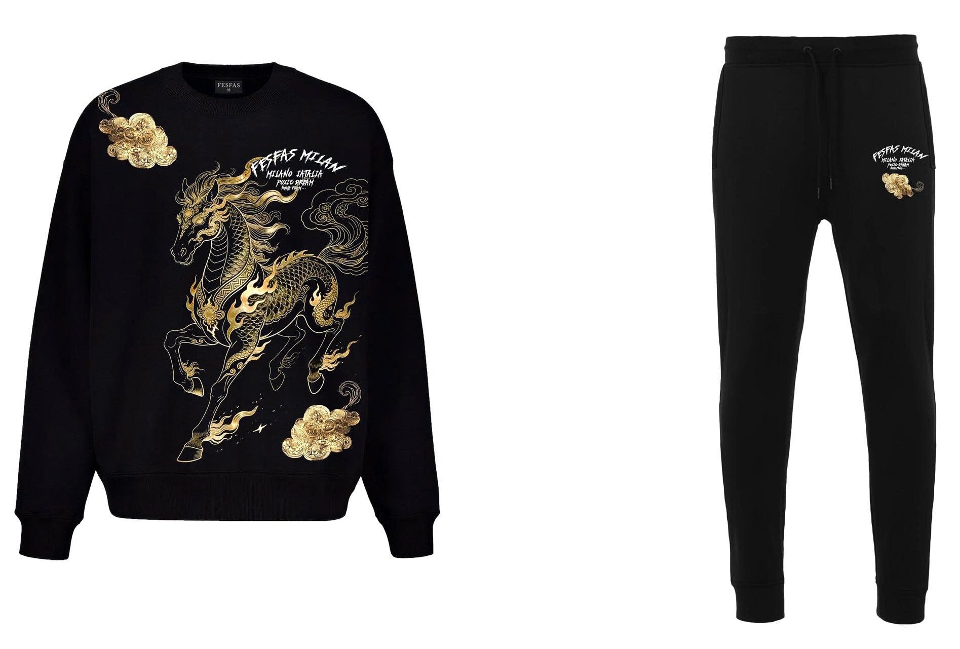 FesFas golden horse-print Sweatshirt Set | Black