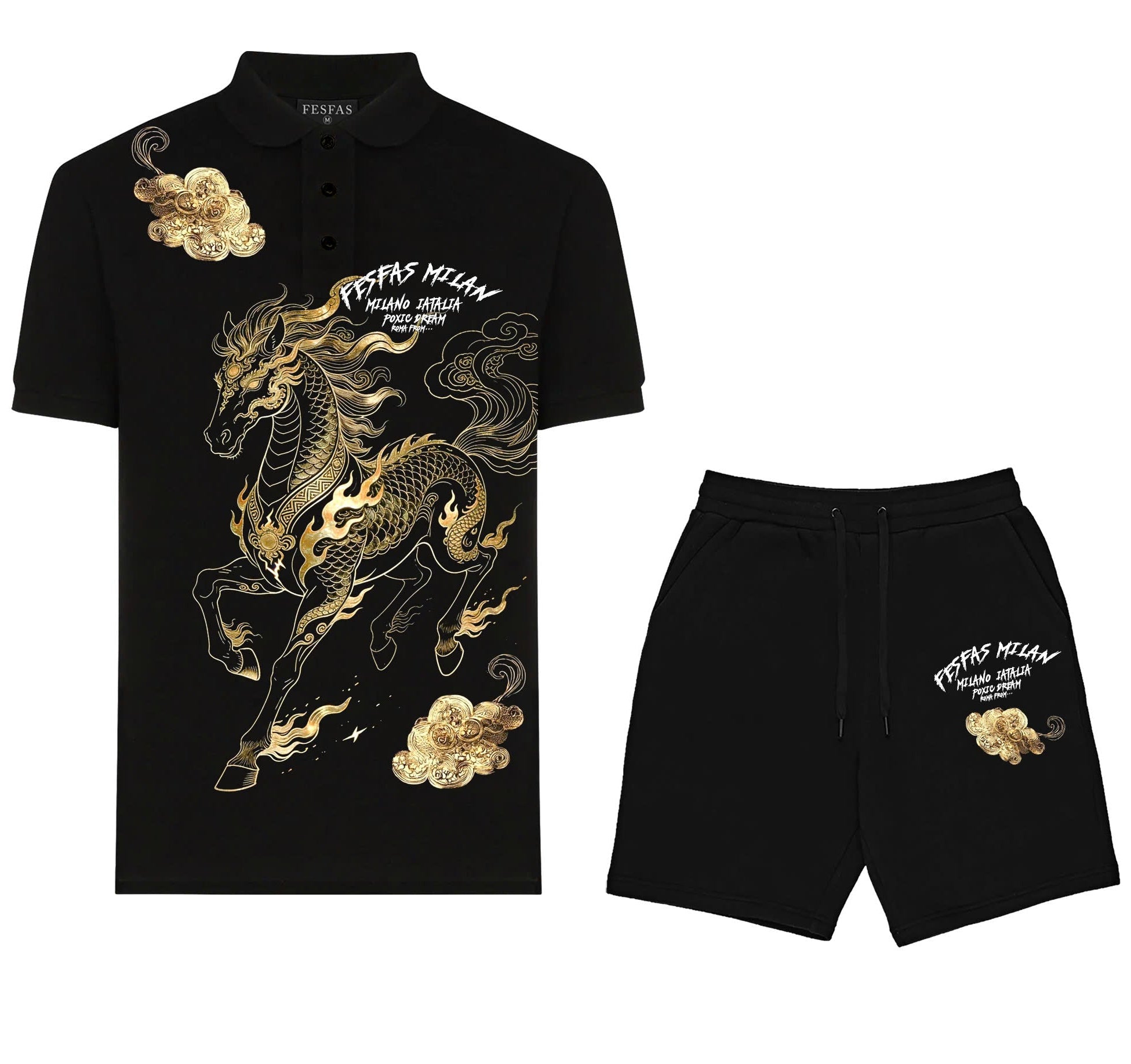 FesFas golden horse-print Polo Set | Black