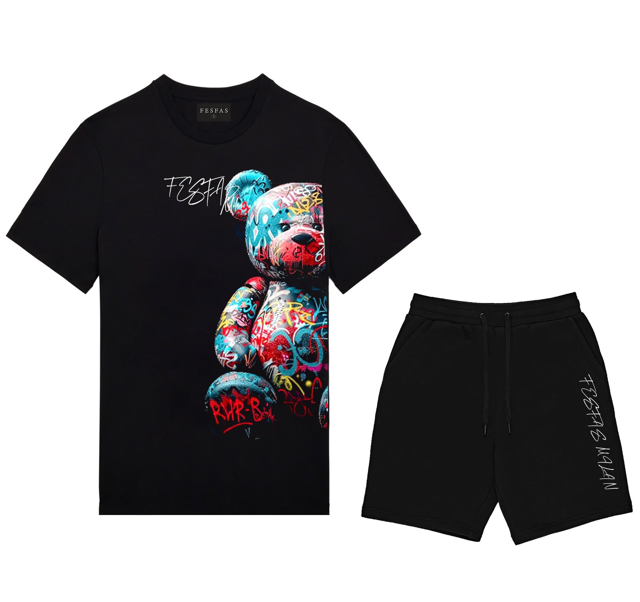 FesFas colorful bear-print T-shirt Set | Black