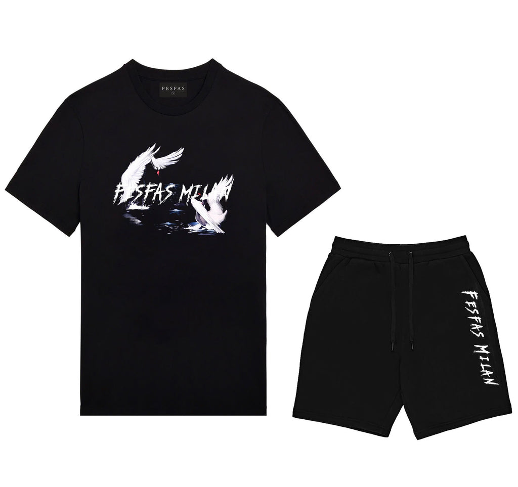 FesFas white crane-print T-shirt Set | Black