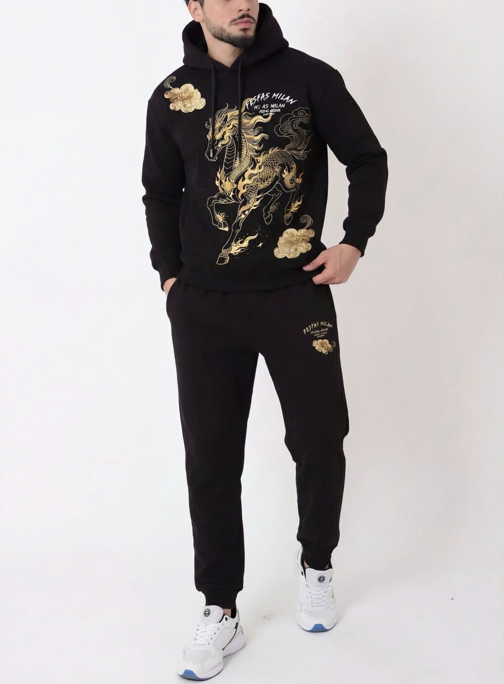 FesFas golden horse-print Hoodie | Black