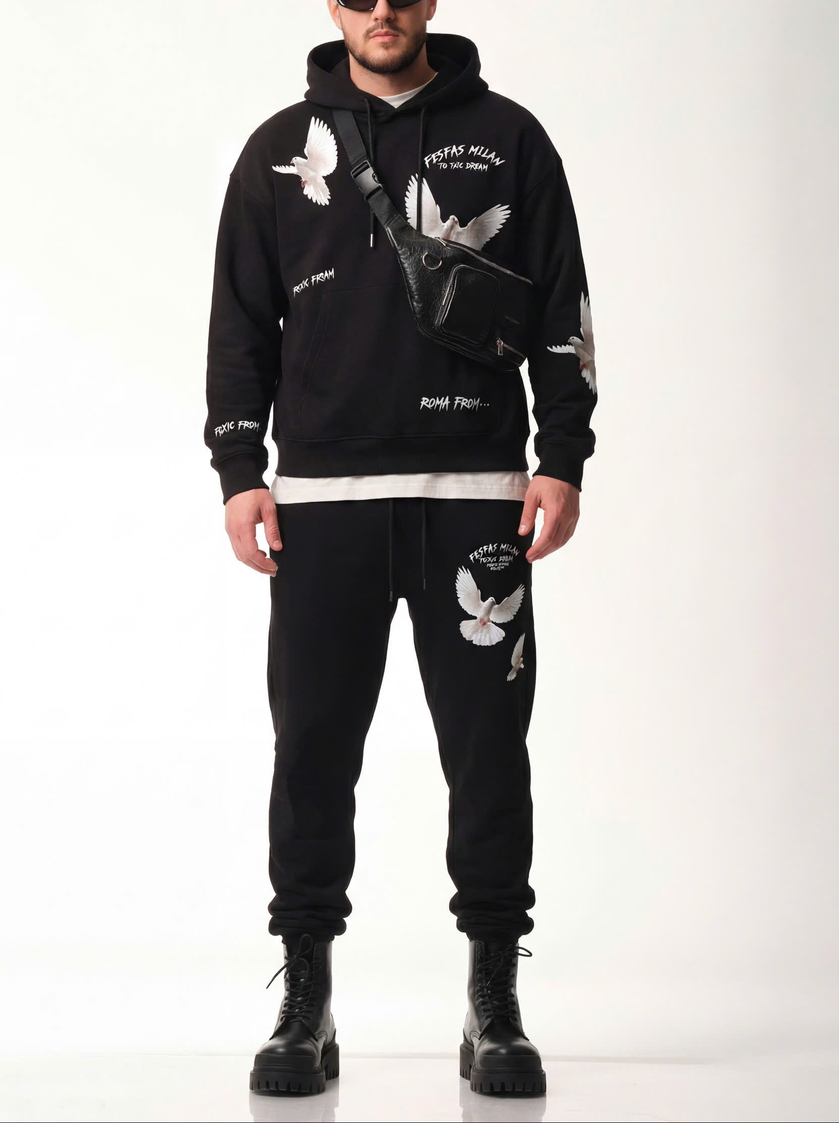 FesFas pigeons-print Hoodie Set | Black