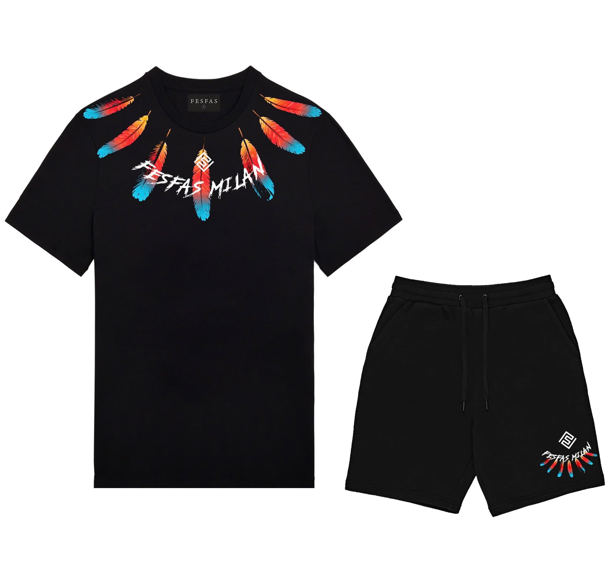 FesFas feathers-print T-shirt Set | Black