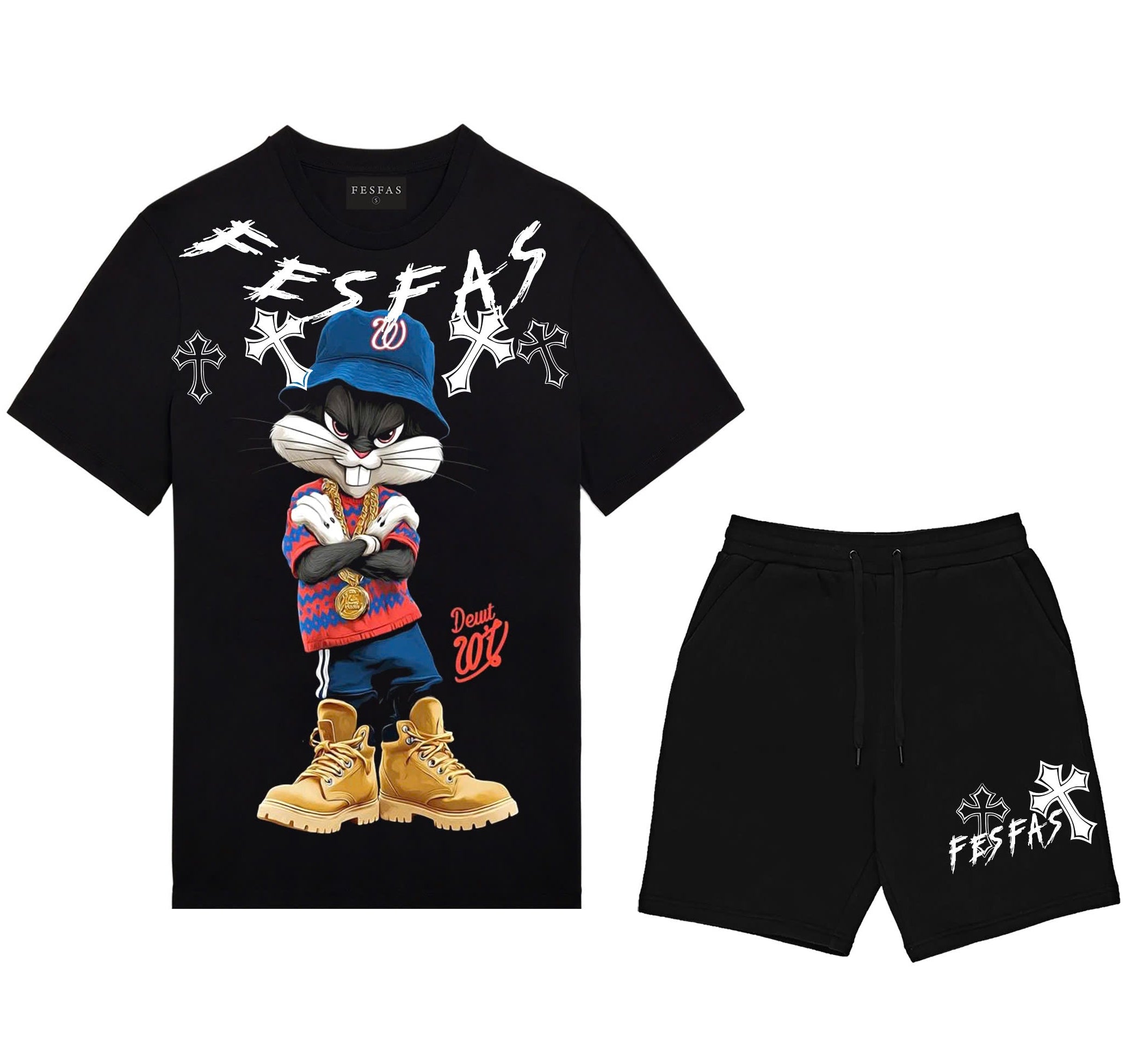 FesFas blue cap rabbit-print T-shirt Set | Black