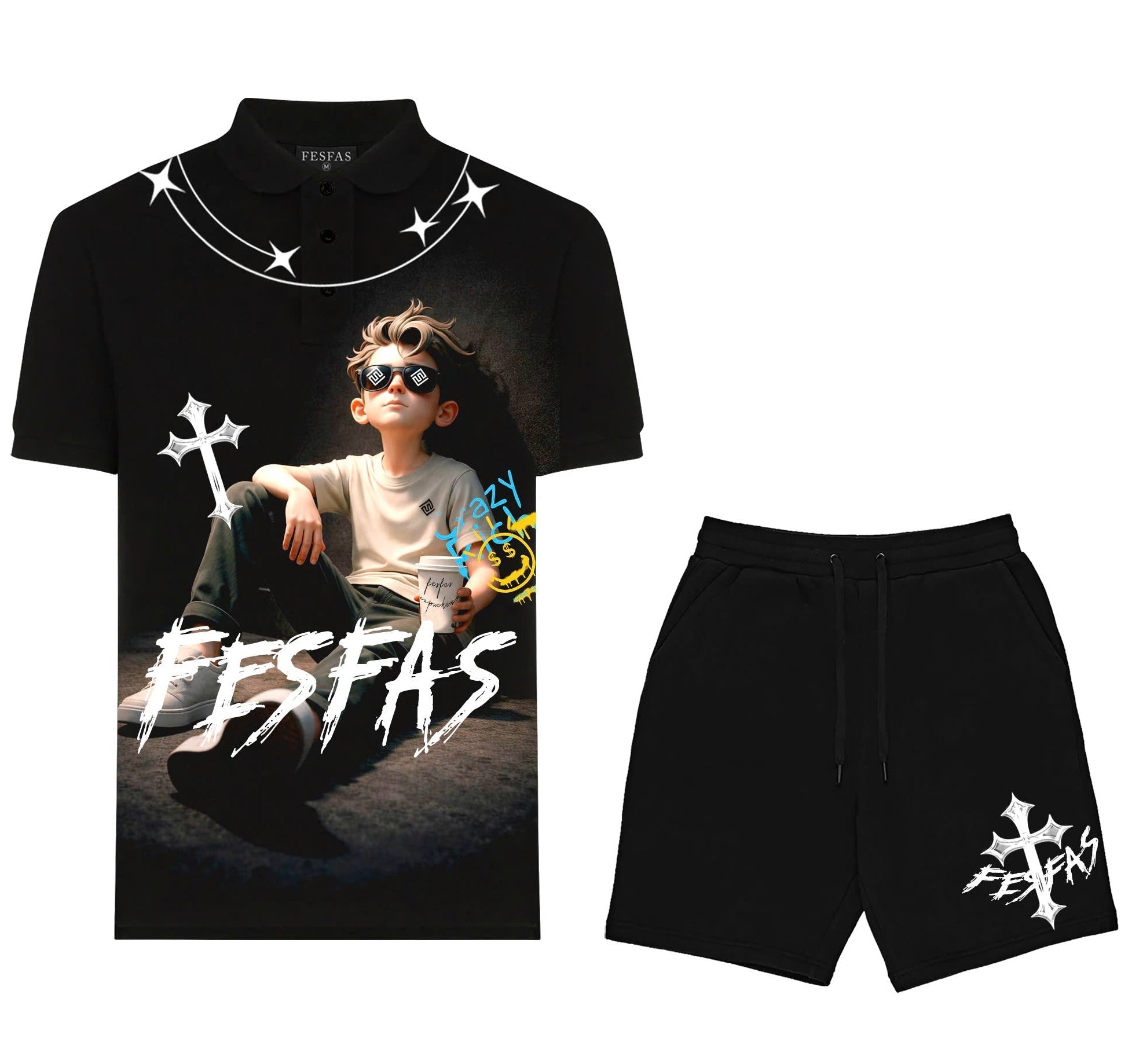 FesFas chill guy-print Polo Set | Black