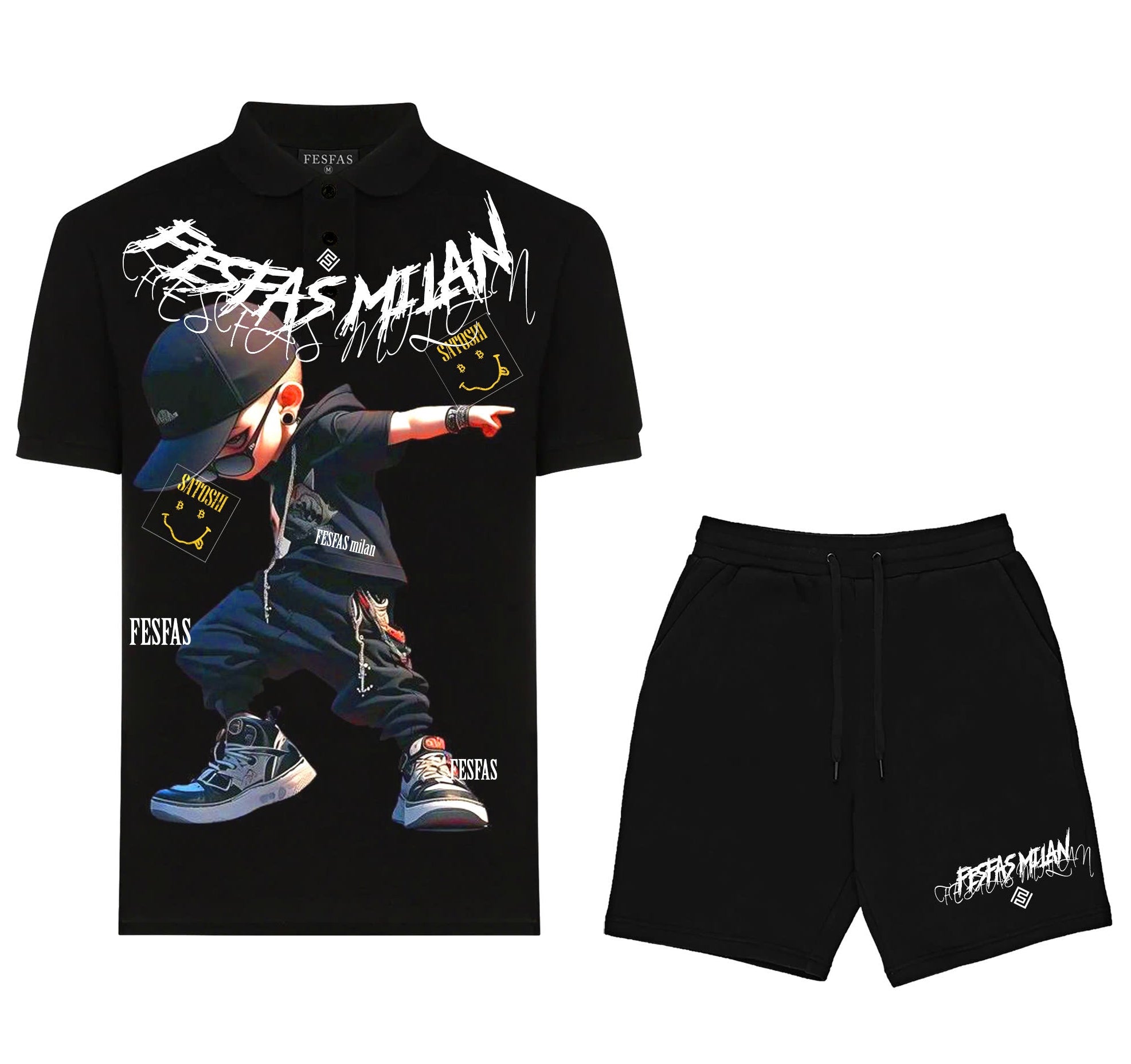 FesFas hiphop boy-print Polo Set | Black