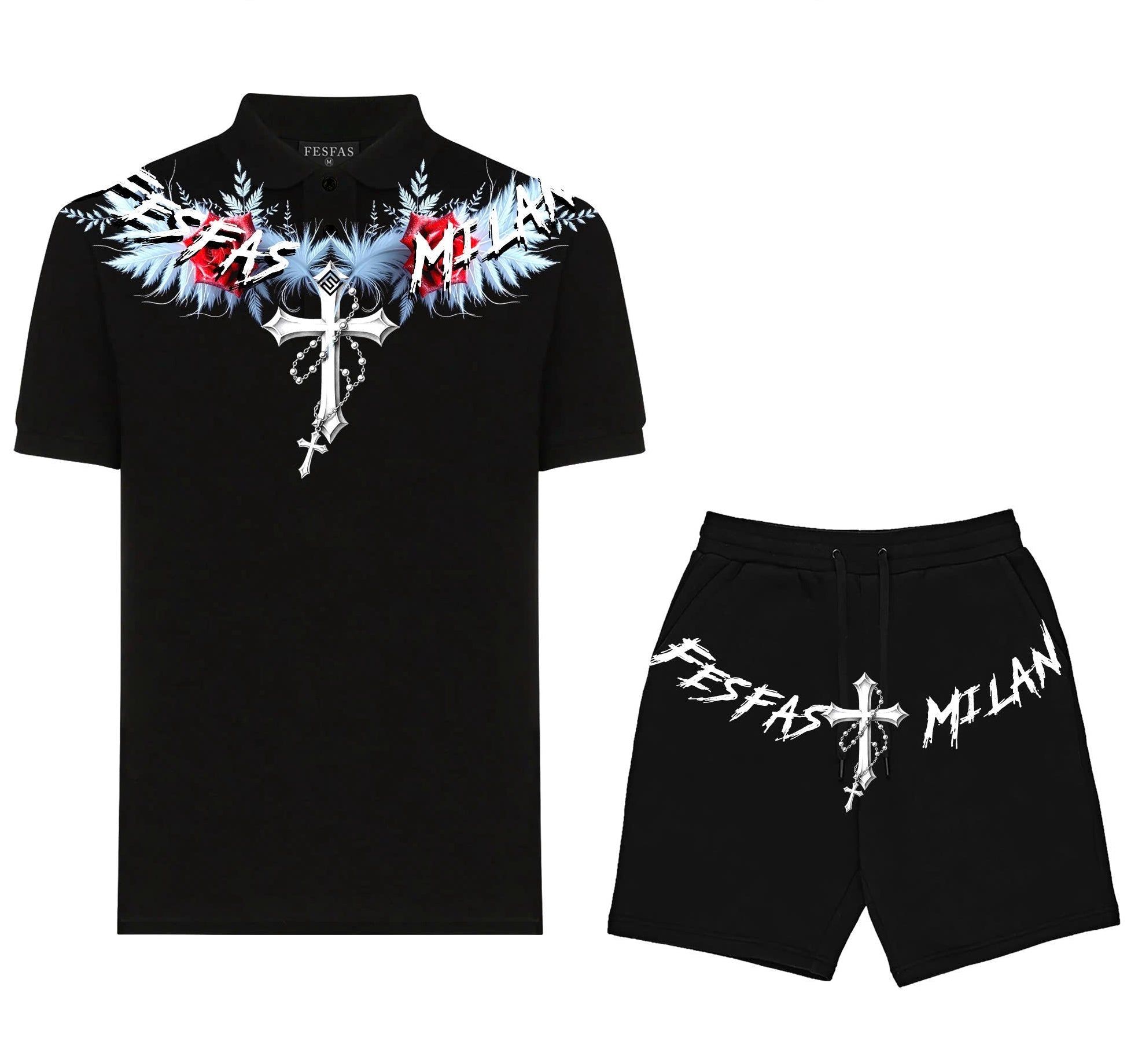 FesFas iced feathers-print Polo Set | Black
