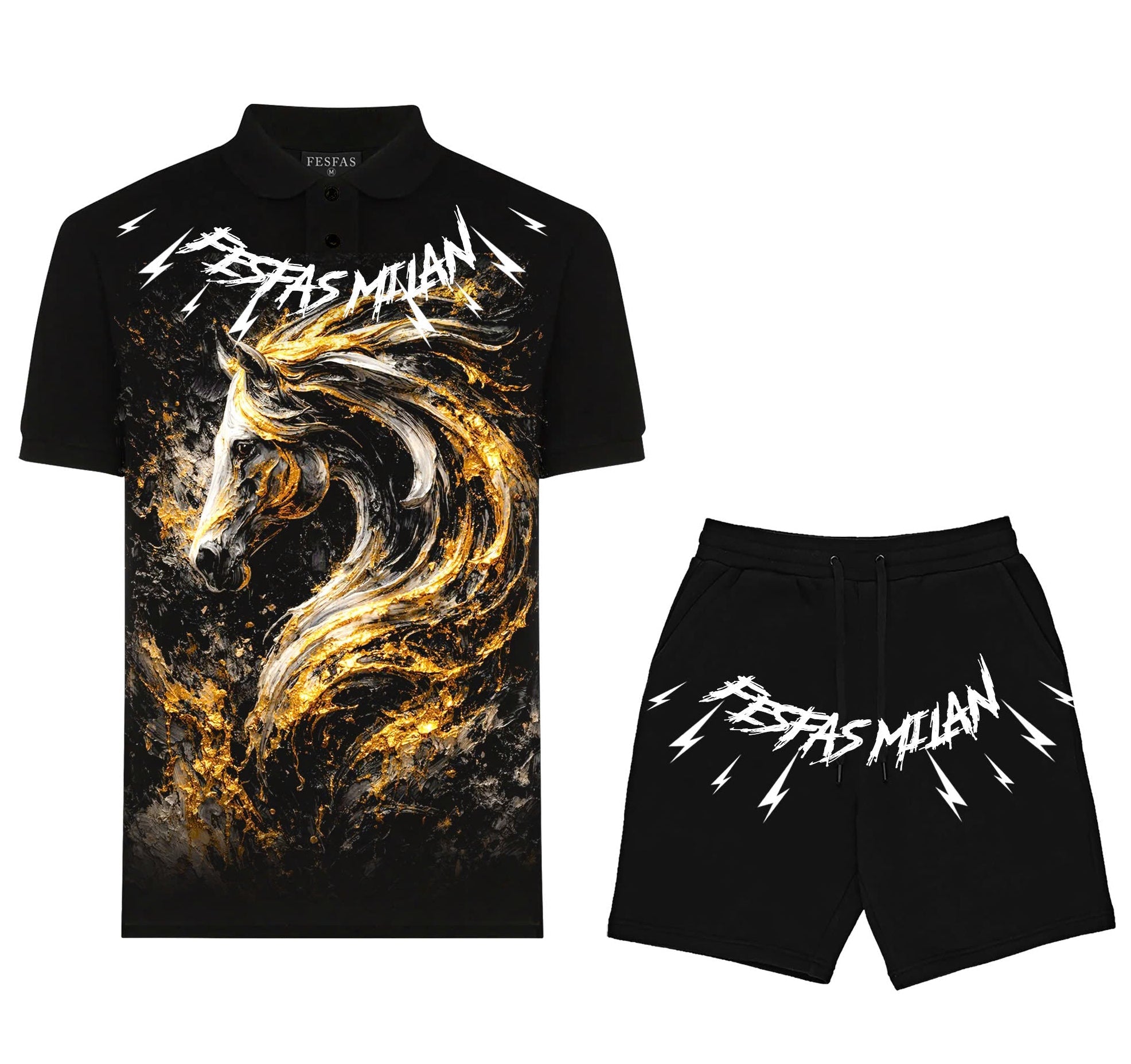 FesFas golden horse-print Polo Set | Black