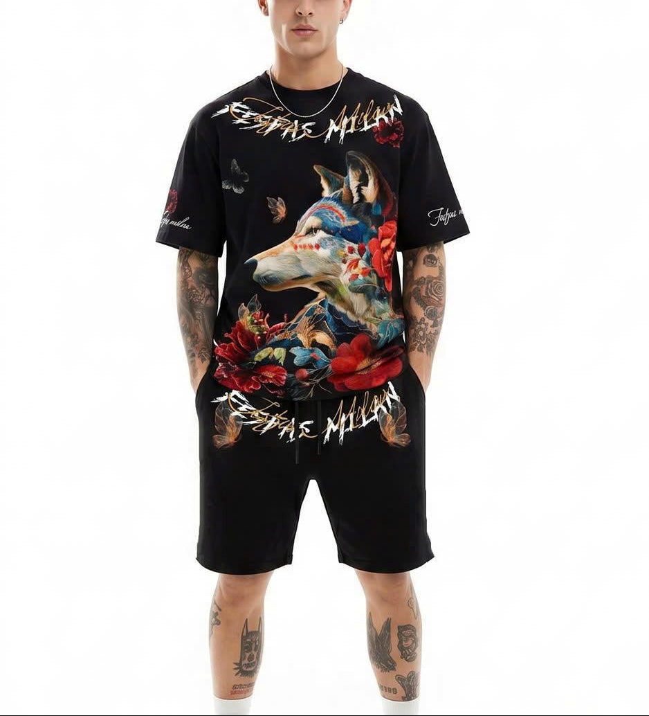 FesFas wolf-print T-shirt Set | Black